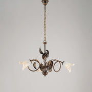 Lampadario in ferro Marrone Oro Vetri Bianchi Ambra tre luci 58x h43 cm