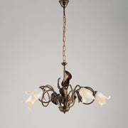 Lampadario in ferro Marrone Oro Vetri Bianchi Ambra cinque luci 73x h43 cm