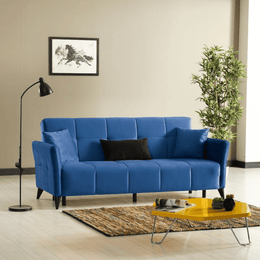Divano Levy 3 posti in tessuto blu con contenitore e letto EFFEZ