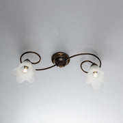 Plafoniera in ferro Marrone Oro due luci paralumi in vetro Bianco 56x26x h17 cm