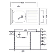 Lavello cucina vasca con gocciolatoio sx acciaio da appoggio 50x90 cm(N118SX) EFFEZ
