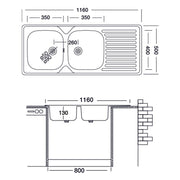 Lavello cucina due vasche acciaio da incasso gocciolatoio a dx 50x116 cm(N138DX35) EFFEZ