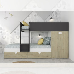 Cameretta con letto a castello con cassettoni e armadio colore rovere e antracite