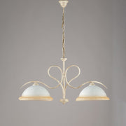 Lampadario in ferro Avorio Oro due luci vetri Bianchi e Ambra 79x h43 cm