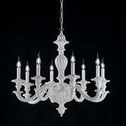 Lampadario impero  in legno e pasta di legno bianco shabby 8 luci