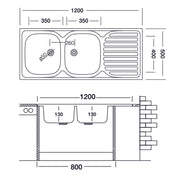 Lavello cucina due vasche con gocciolatoio dx acciaio da appoggio 50x120 cm