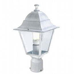 Testa-palo in alluminio pressofuso con diffusori in vetro trasparente, diametro 60 mm, altezza max lampada 170mm, alimentazione 230 V ~ 50 Hz, potenza massima lampade 60W biancoargento