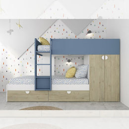 Cameretta con letto a castello con cassettoni e armadio colore rovere e azzurro