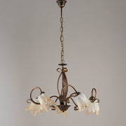 Lampadario in ferro Marrone Oro cinque luci paralumi in vetro Bianco Ambra 64x h45 cm