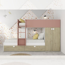 Cameretta con letto a castello con cassettoni e armadio colore rovere e rosa antico